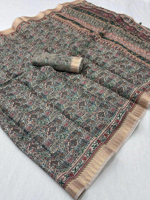 Green Abstract Digital Printed Cotton Blend Saree with Detailed Digital Pattern Finish - Image 2