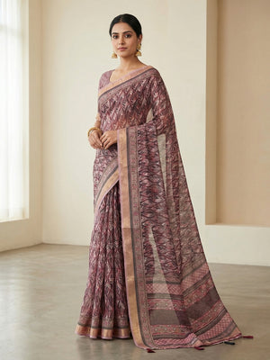 Wine Abstract Digital Printed Cotton Blend Saree with Detailed Digital Pattern Finish - Image 1