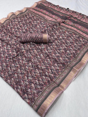 Wine Abstract Digital Printed Cotton Blend Saree with Detailed Digital Pattern Finish - Image 2