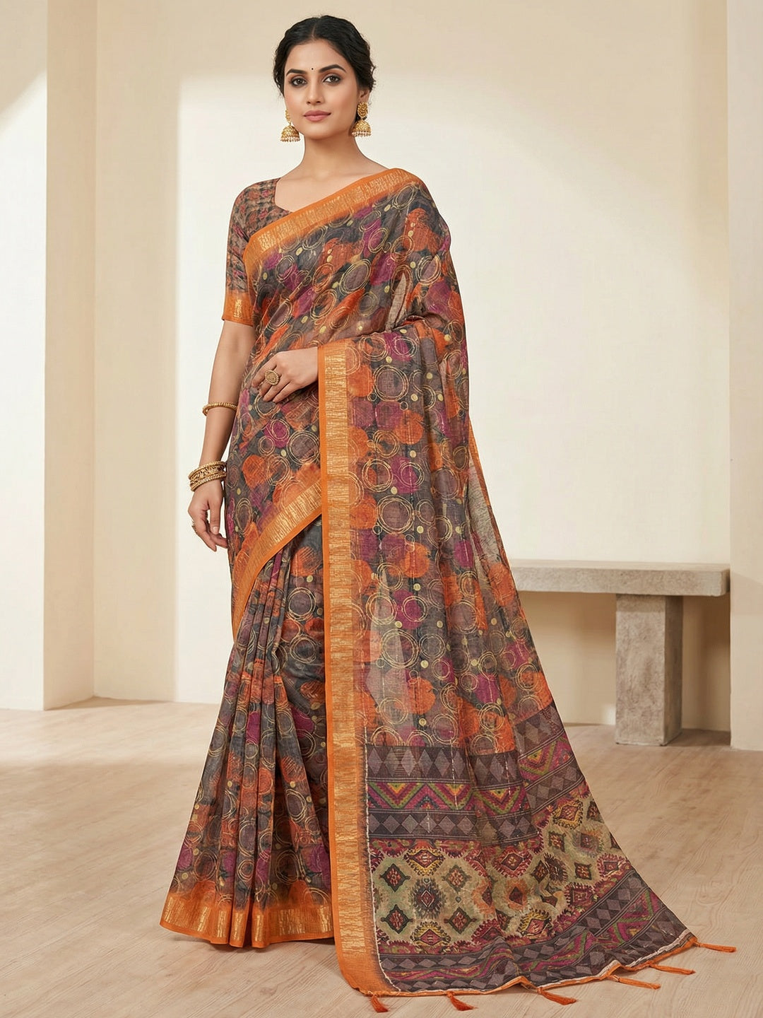 Grey Abstract Digital Printed Cotton Blend Saree with Detailed Digital Pattern Finish - Image 1