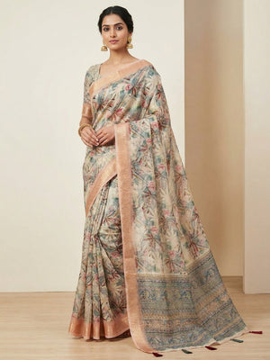 Cream Abstract Digital Printed Cotton Blend Saree with Detailed Digital Pattern Finish - Image 1