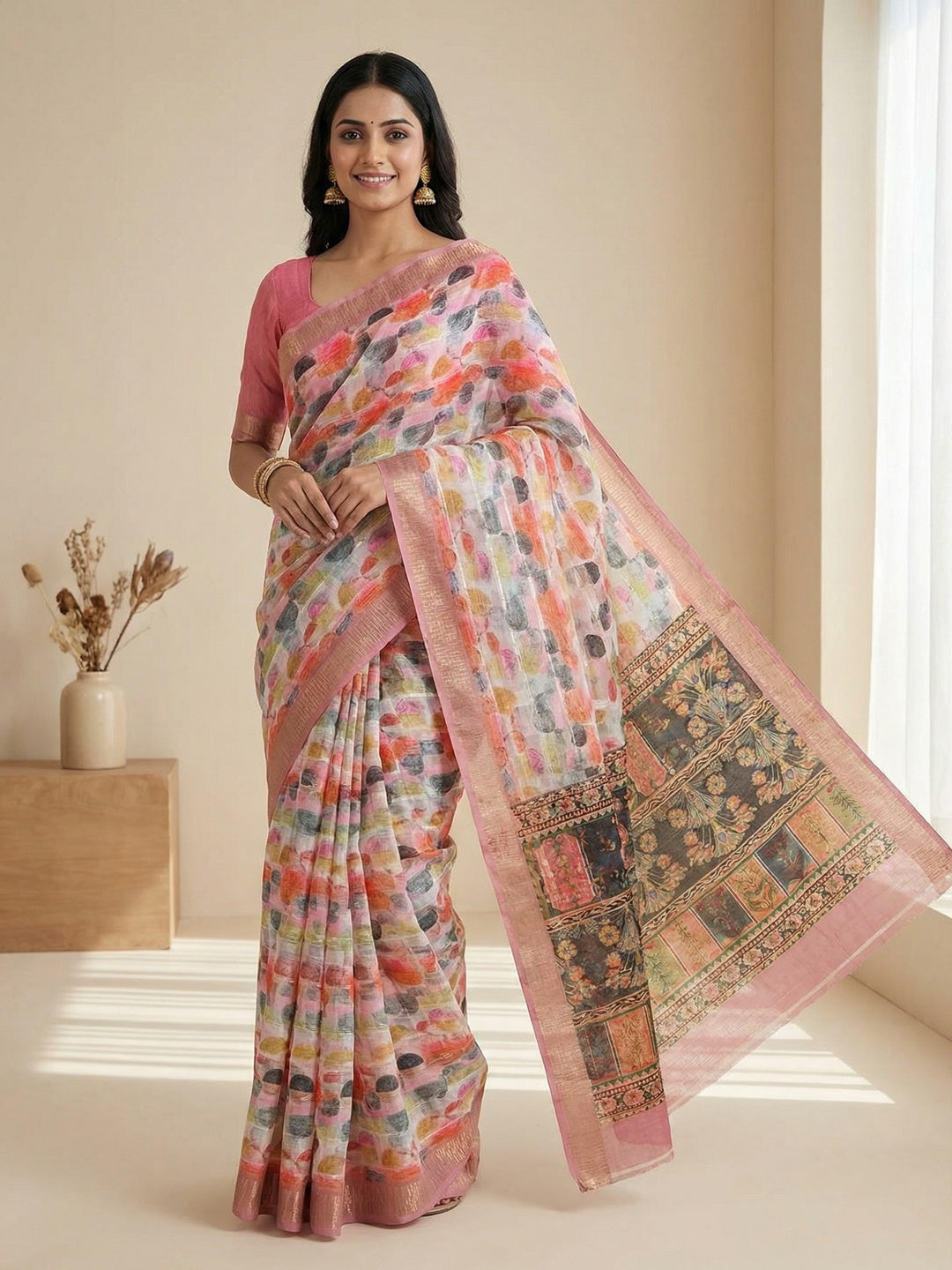 Pink Abstract Digital Printed Cotton Blend Saree with Detailed Digital Pattern Finish - Image 1