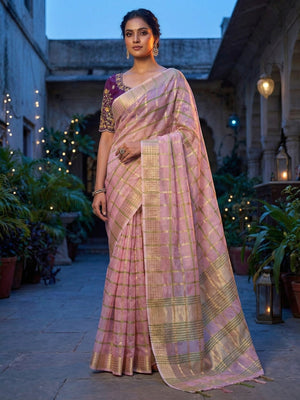 Pink Zari Woven Tissue Saree with Smooth Fabric Fall and Detailed Woven Pattern - Image 1