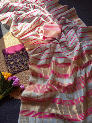 Off White Zari Woven Tissue Saree with Smooth Fabric Fall and Detailed Woven Pattern - Image 2