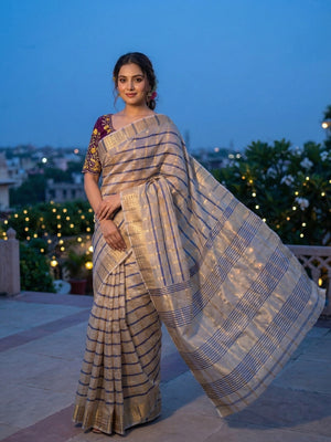 Beige Zari Woven Tissue Saree with Smooth Fabric Fall and Detailed Woven Pattern - Image 1