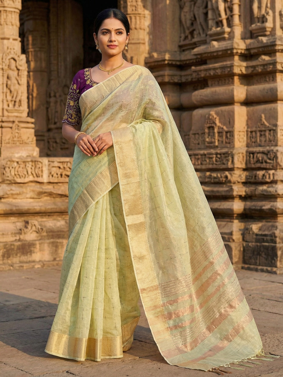 Green Zari Work Woven Tissue Crush Saree with Soft Crushed Texture and Detailed Zari Work - Image 1