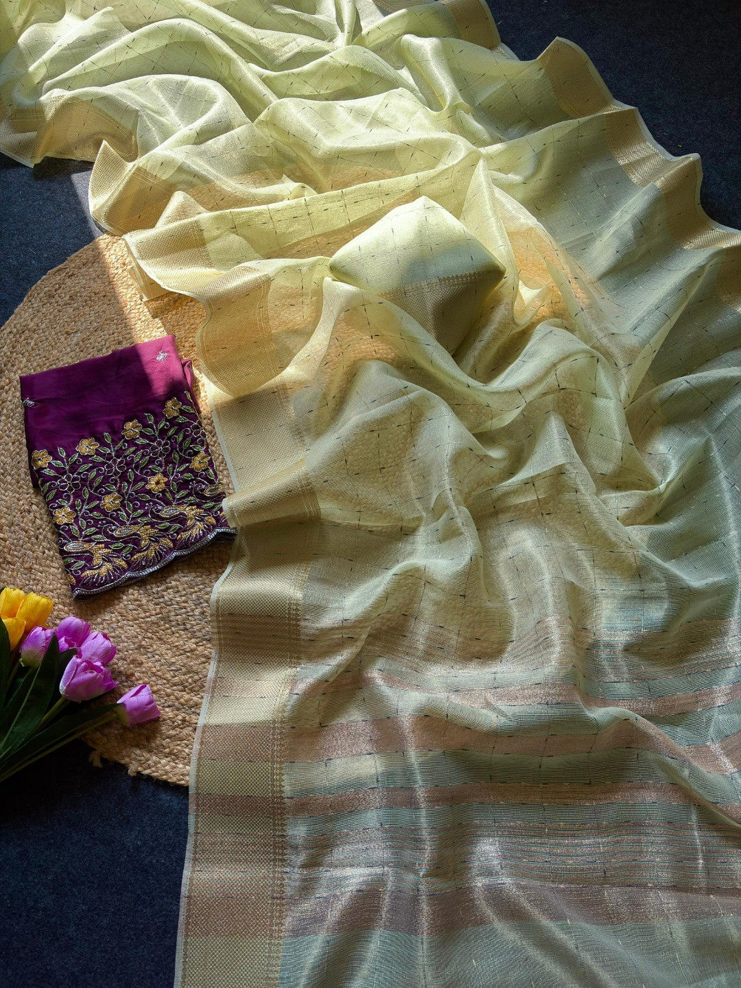 Green Zari Work Woven Tissue Crush Saree with Soft Crushed Texture and Detailed Zari Work - Image 2