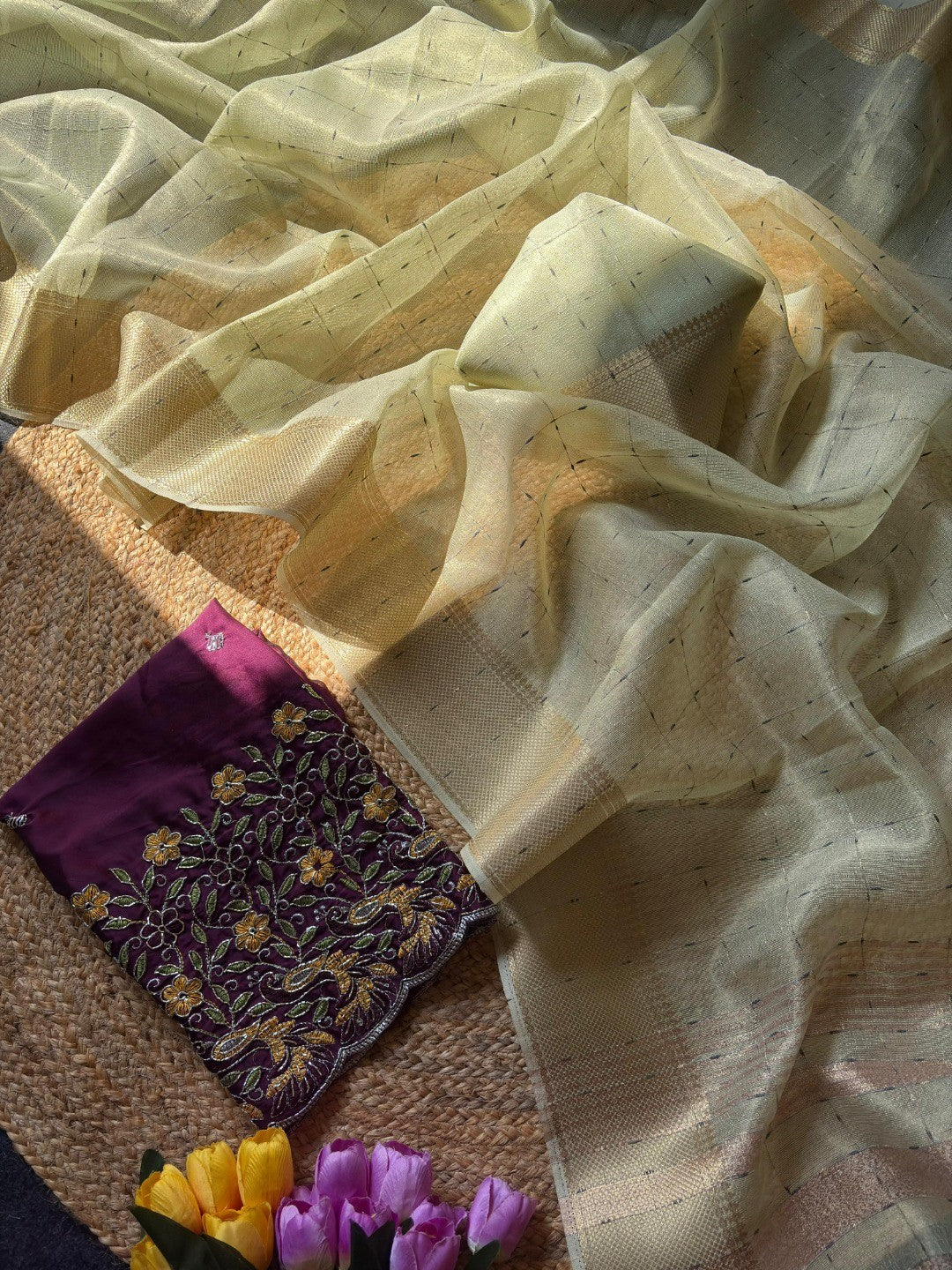 Green Zari Work Woven Tissue Crush Saree with Soft Crushed Texture and Detailed Zari Work - Image 3