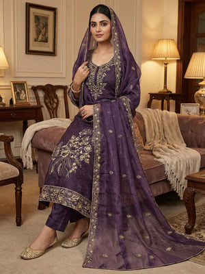 Sophisticated Lavender Floral Embroidered Organza Dress Material With Fine Swarovski Accents - Image 1