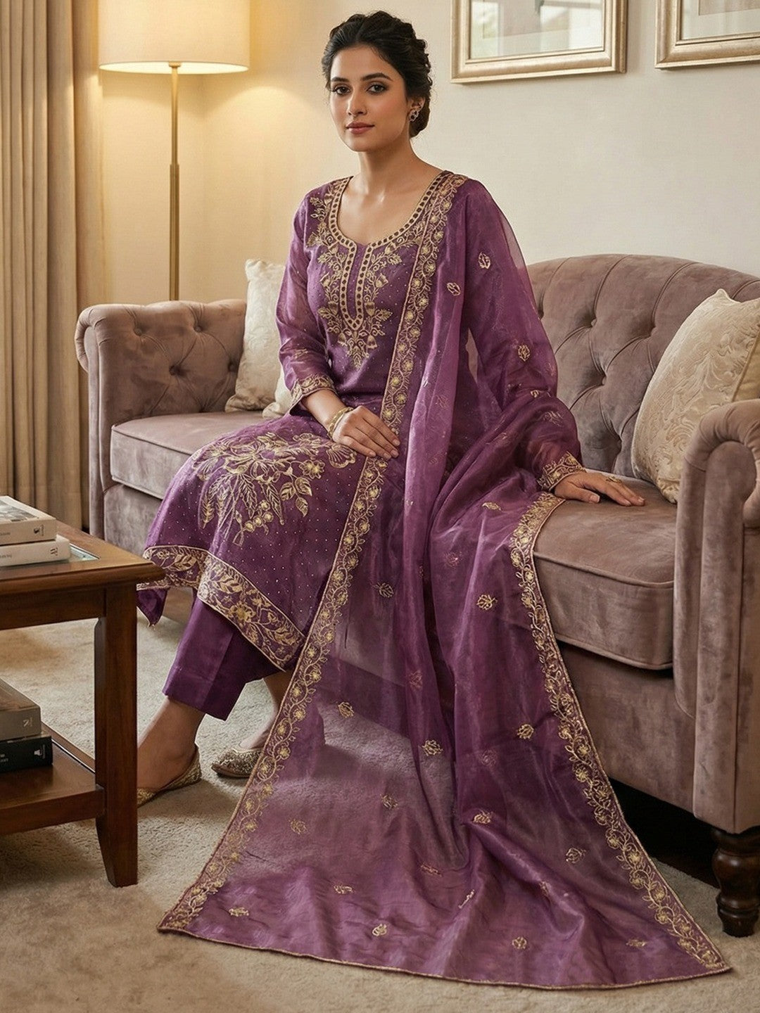 Sophisticated Purple Floral Embroidered Organza Dress Material With Fine Swarovski Accents - Image 1