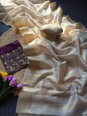 Cream Zari Work Woven Tissue Crush Saree with Soft Crushed Texture and Detailed Zari Work - Image 2
