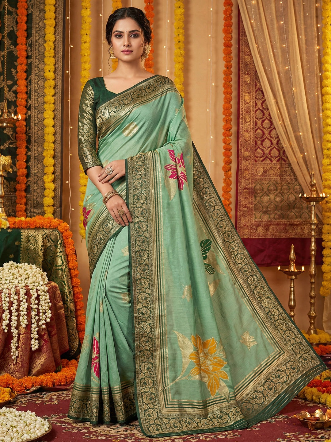 Sea Green Muslin Saree with Floral Zari Weaving Work and Intricate Woven Detailing - Image 1
