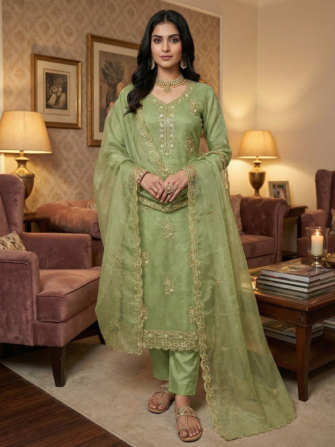 Timeless Green Floral Embroidered Organza Dress Material With Luxurious Swarovski Work - Image 2