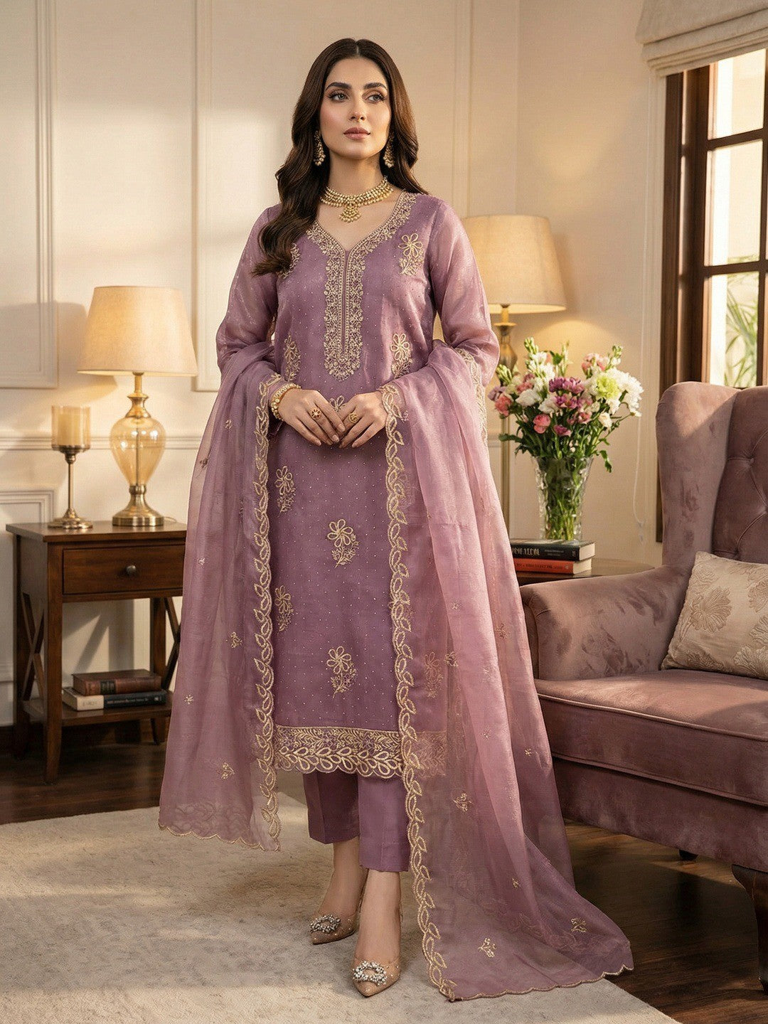 Timeless Mauve Floral Embroidered Organza Dress Material With Luxurious Swarovski Work - Image 1