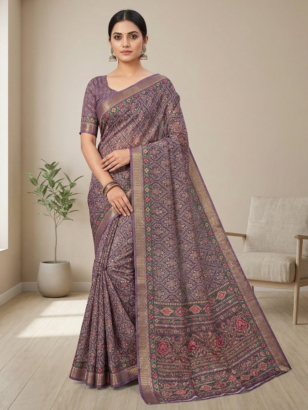 Lavender Abstract Digital Printed Cotton Blend Saree with Detailed Digital Pattern Finish - Image 1