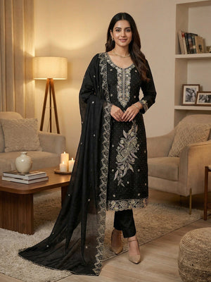 Dreamy Black Floral Embroidery Vichitra Silk Dress Material Enhanced With Swarovski Work - Image 1