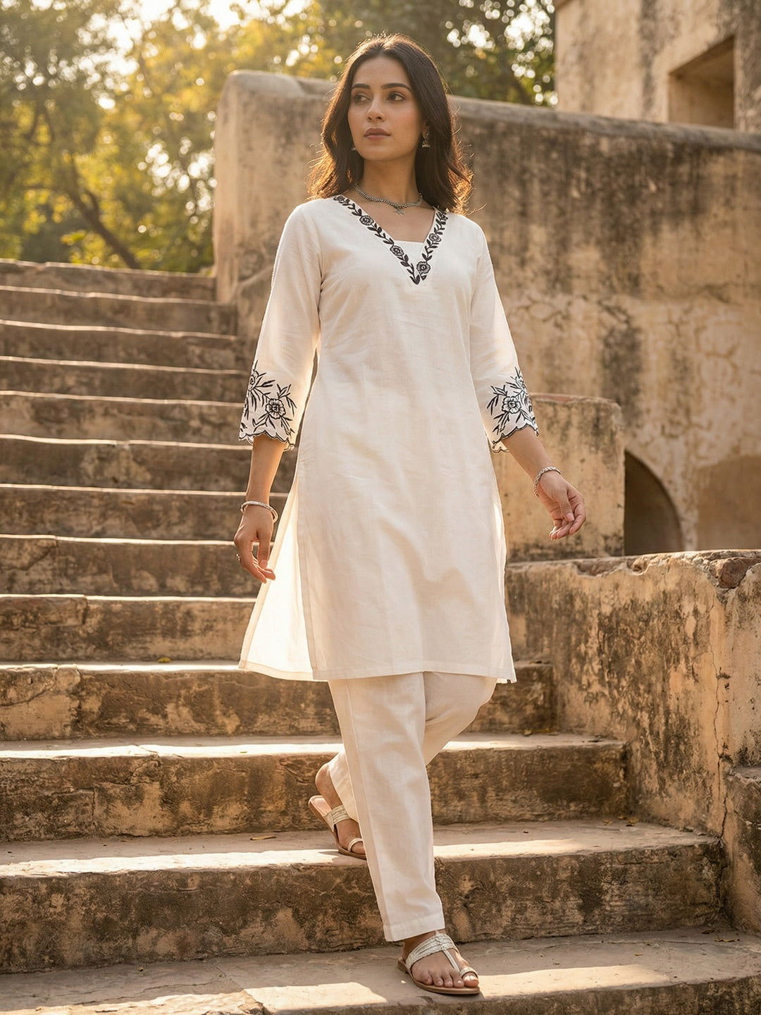 White Pure Cotton Top Bottom Set with Embroidery and Clean Elegant Styling - Image 1