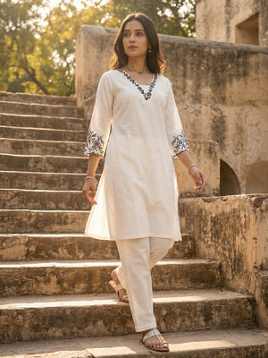 White Pure Cotton Top Bottom Set with Embroidery and Clean Elegant Styling - Image 1