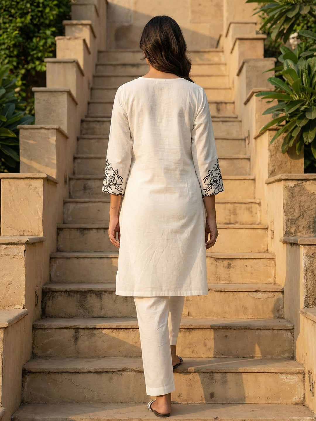 White Pure Cotton Top Bottom Set with Embroidery and Clean Elegant Styling - Image 3
