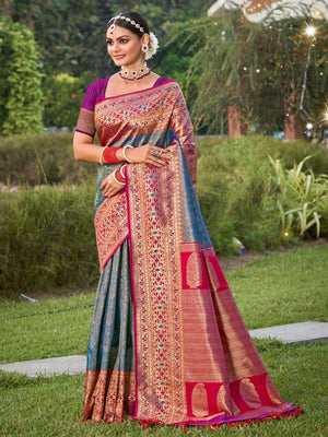 Luxurious Blue Banarasi Silk Saree Highlighted With Intricate Zari Weaving & Tassel Pallu - Image 1