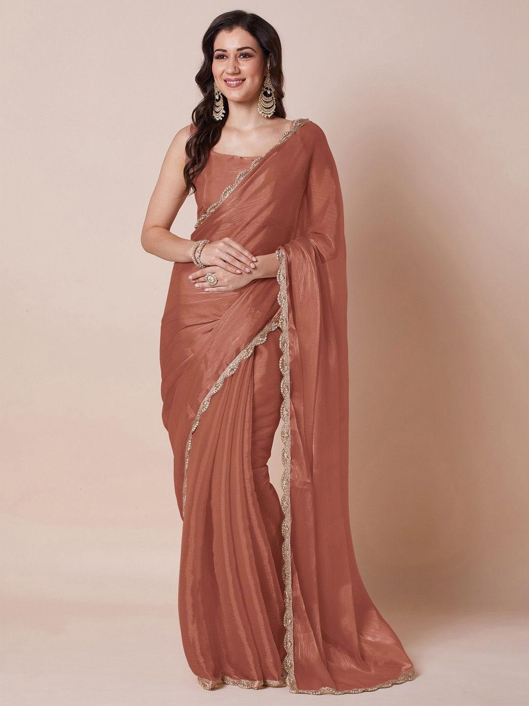 Elegant Rust Solid Art Silk Saree with Delicate Lace Border - Image 1