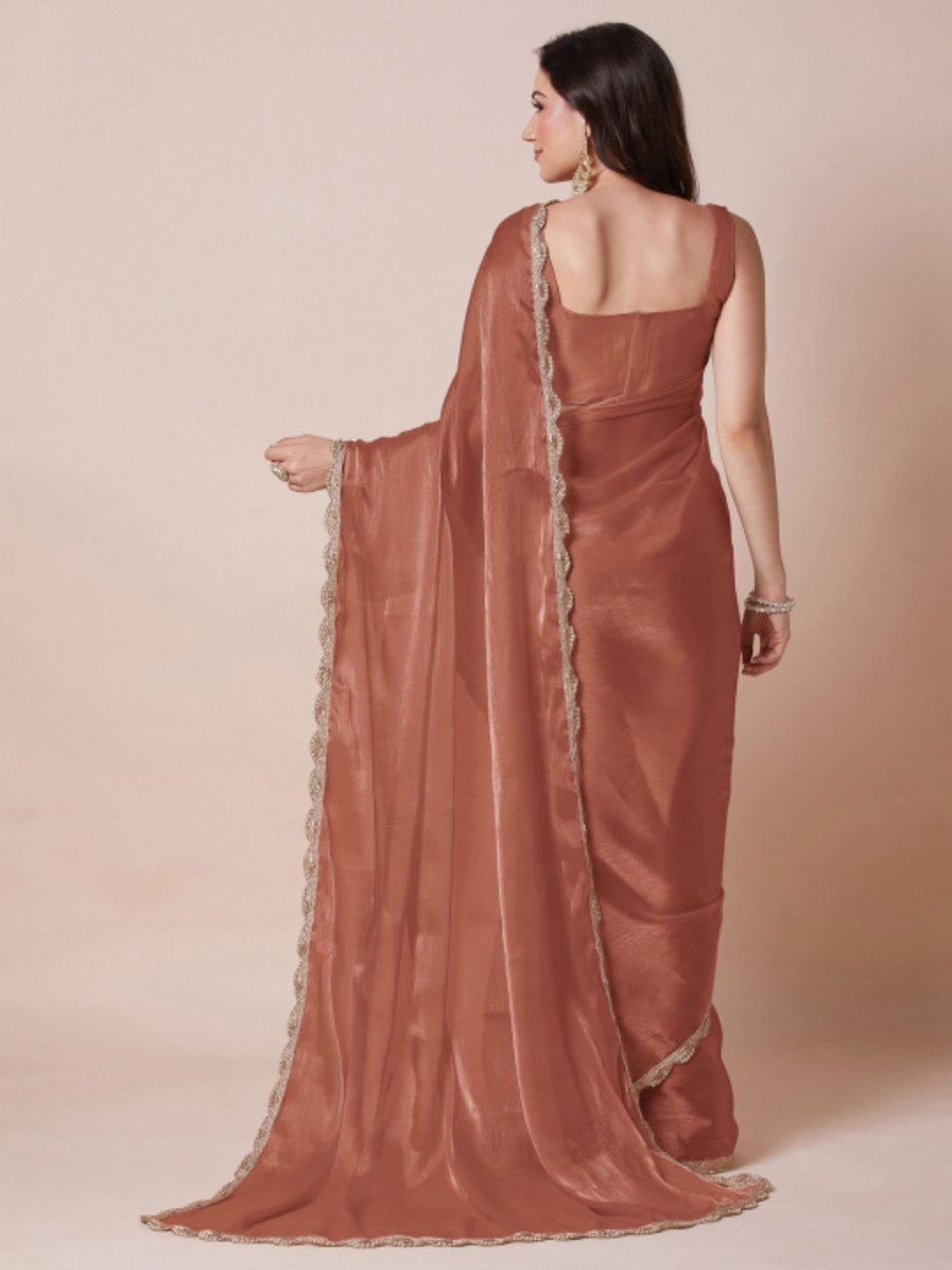 Elegant Rust Solid Art Silk Saree with Delicate Lace Border - Image 3