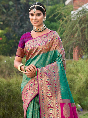 Luxurious Rama Green Banarasi Silk Saree Highlighted With Intricate Zari Weaving & Tassel Pallu - Image 2