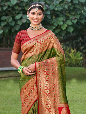 Luxurious Mehendi Green Banarasi Silk Saree Highlighted With Intricate Zari Weaving & Tassel Pallu - Image 2