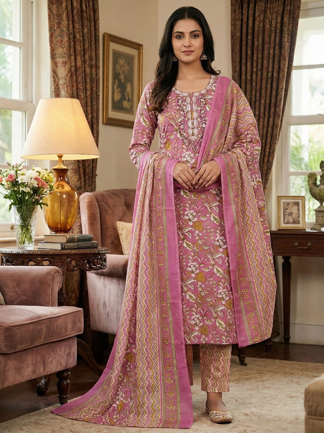 Fresh Pink Floral Printed Cotton Blend Dress Material With Elegant Sequins Embroidery Work On Neck - Image 1