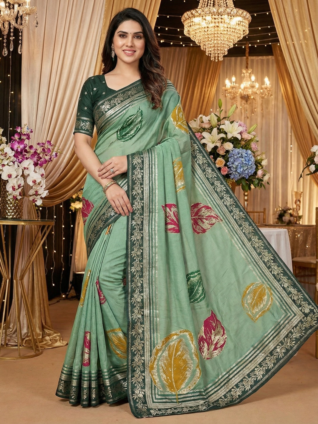 Elegant Sea Green Muslin Saree with Floral Print and Zari Border - Image 1