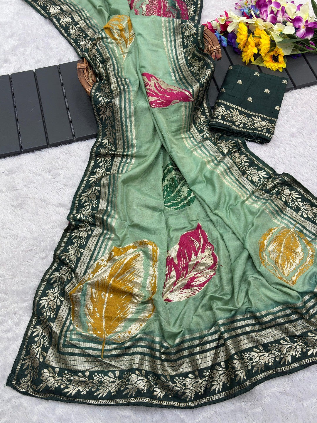 Elegant Sea Green Muslin Saree with Floral Print and Zari Border - Image 2