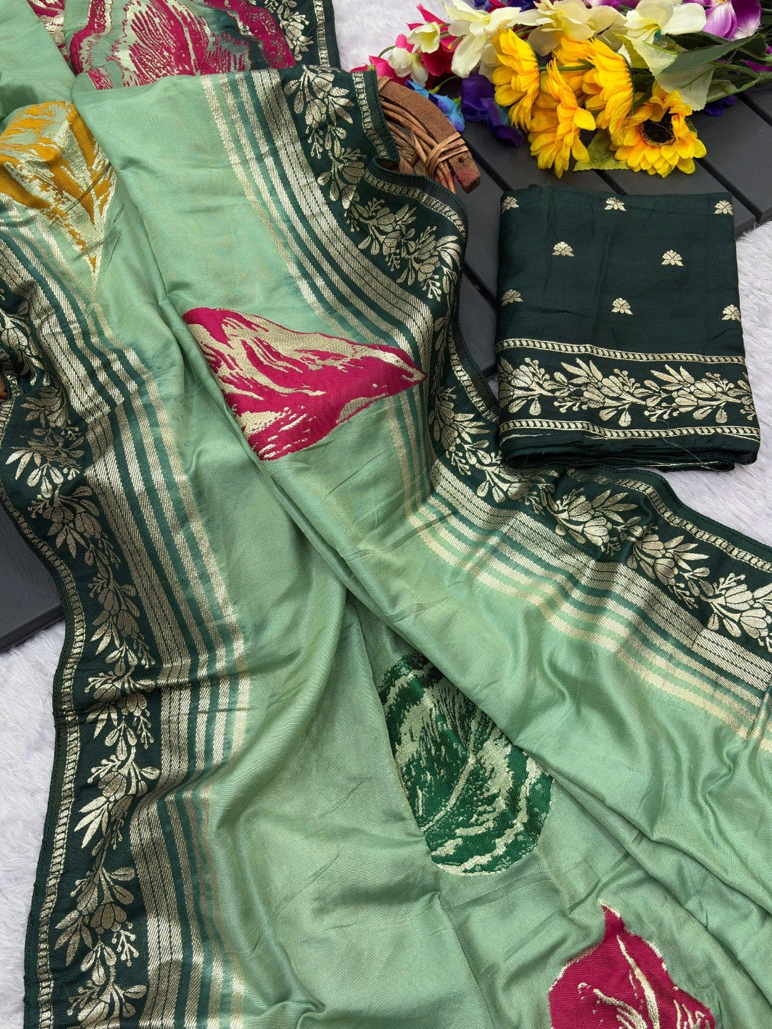 Elegant Sea Green Muslin Saree with Floral Print and Zari Border - Image 3