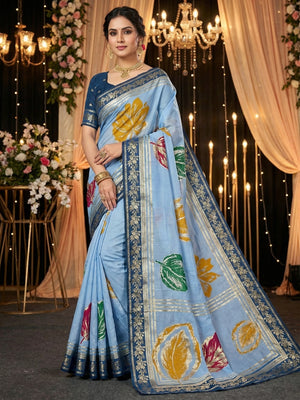 Elegant Sky Blue Muslin Saree with Floral Print and Zari Border - Image 1