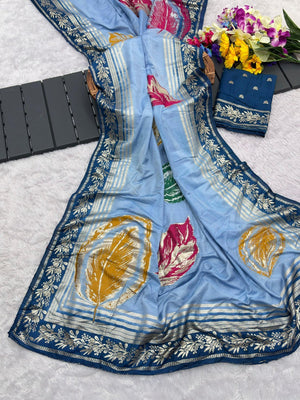 Elegant Sky Blue Muslin Saree with Floral Print and Zari Border - Image 2