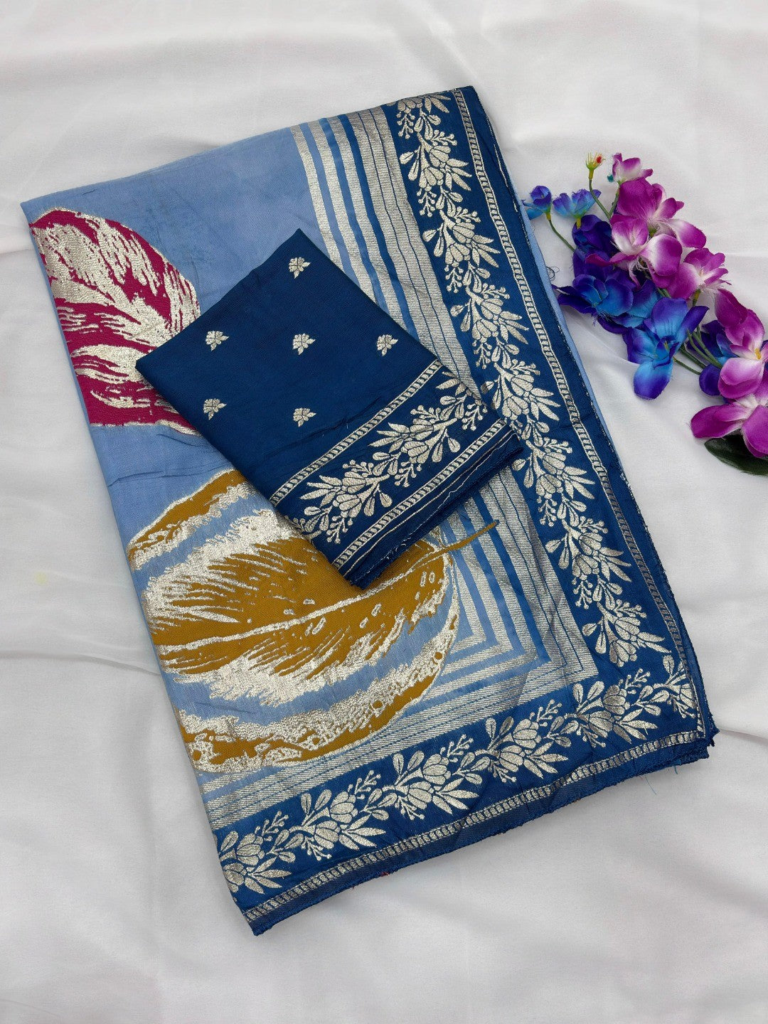 Elegant Sky Blue Muslin Saree with Floral Print and Zari Border - Image 5