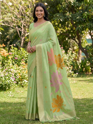 Refreshing Green Linen Cotton Saree Highlighted With Delicate Floral Weaving & Tassel Pallu - Image 1