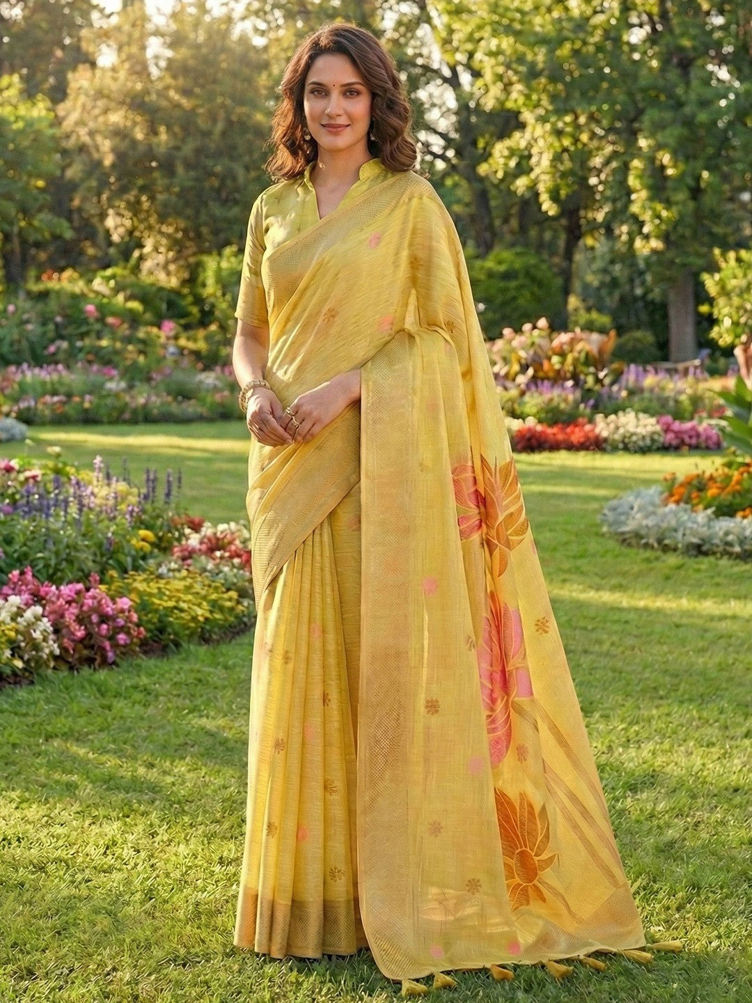 Refreshing Yellow Linen Cotton Saree Highlighted With Delicate Floral Weaving & Tassel Pallu - Image 1