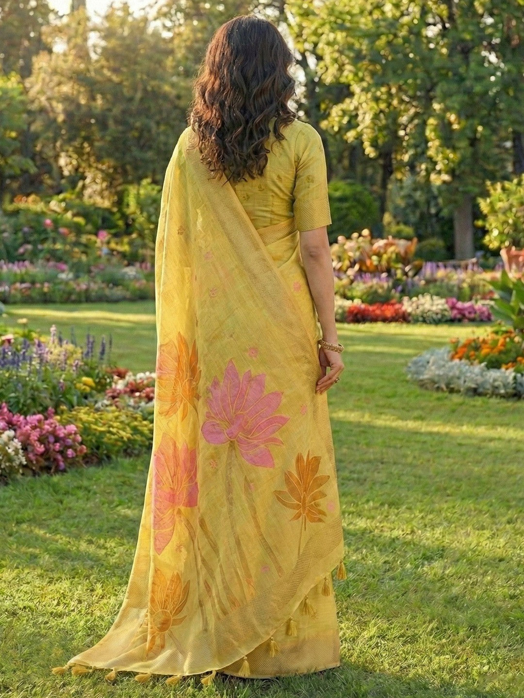 Refreshing Yellow Linen Cotton Saree Highlighted With Delicate Floral Weaving & Tassel Pallu - Image 3