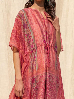 Pink Casual Wear Floral Digtial Printed Silk Kaftan Kurti - Image 2