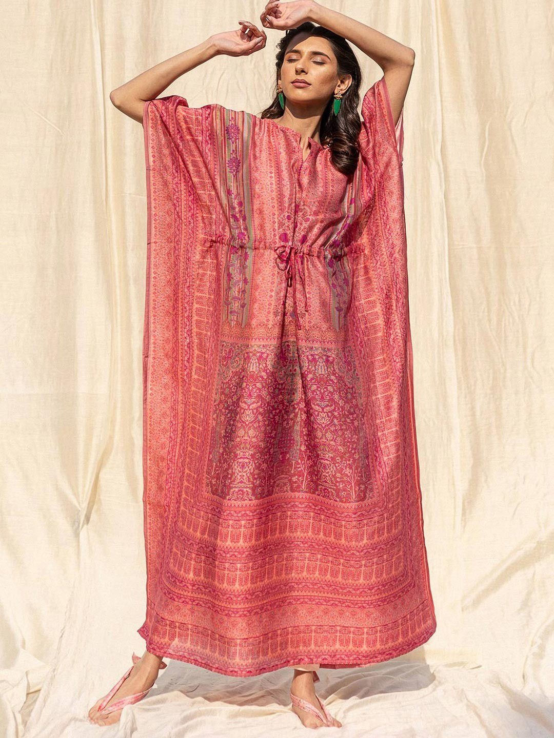 Pink Casual Wear Floral Digtial Printed Silk Kaftan Kurti - Image 3