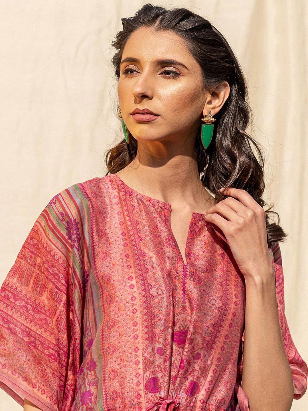 Pink Casual Wear Floral Digtial Printed Silk Kaftan Kurti - Image 5