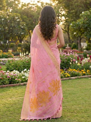 Refreshing Pink Linen Cotton Saree Highlighted With Delicate Floral Weaving & Tassel Pallu - Image 2