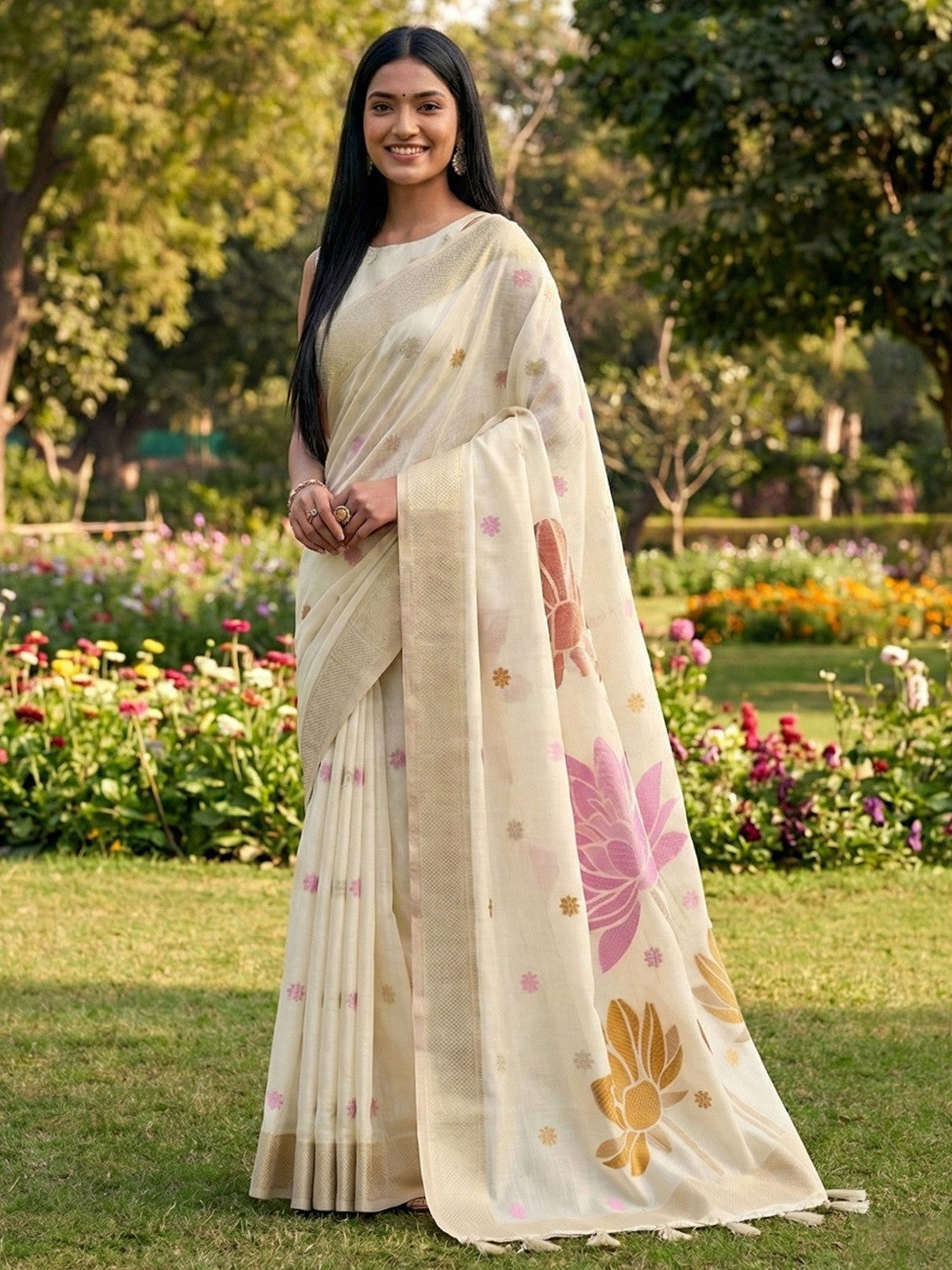 Refreshing Offwhite Linen Cotton Saree Highlighted With Delicate Floral Weaving & Tassel Pallu - Image 1