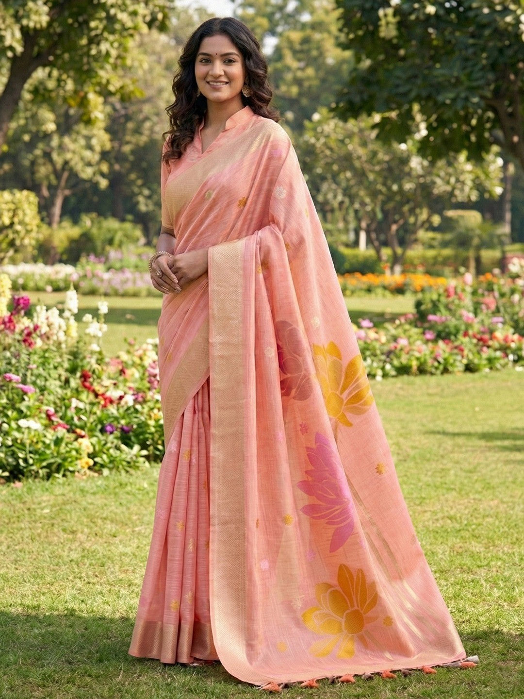 Refreshing Peach Linen Cotton Saree Highlighted With Delicate Floral Weaving & Tassel Pallu - Image 1