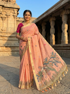 Peach Soft Cotton Silk Saree Featuring Delicate Floral Weaving - Image 1