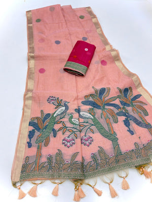 Peach Soft Cotton Silk Saree Featuring Delicate Floral Weaving - Image 2