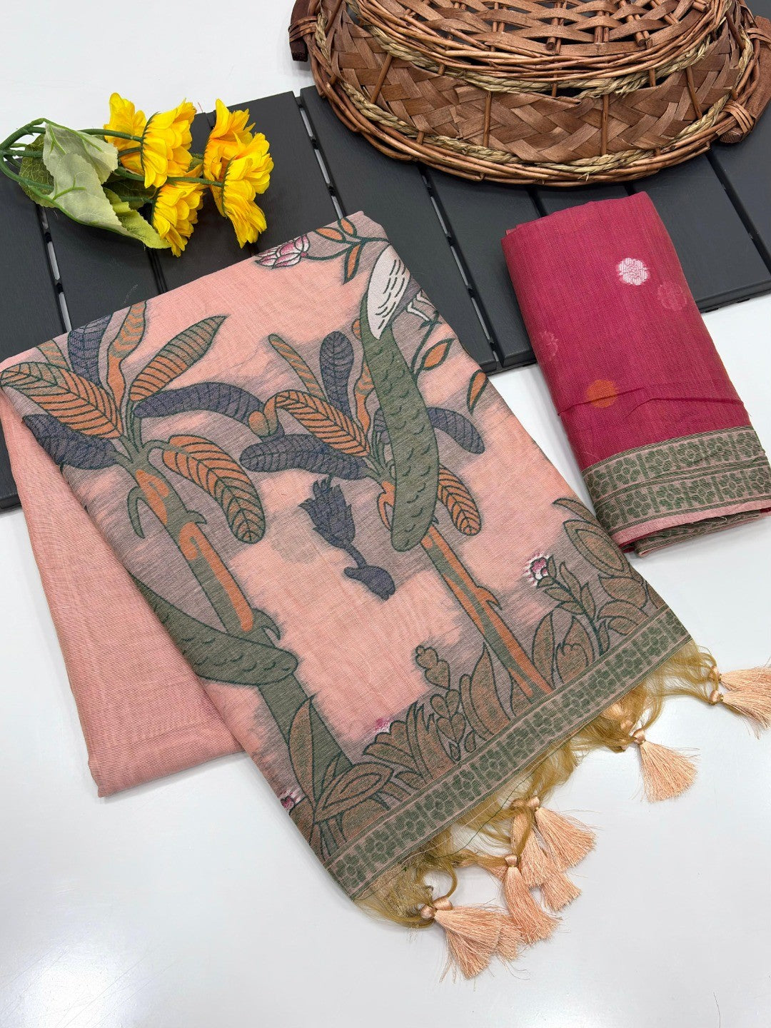 Peach Soft Cotton Silk Saree Featuring Delicate Floral Weaving - Image 3
