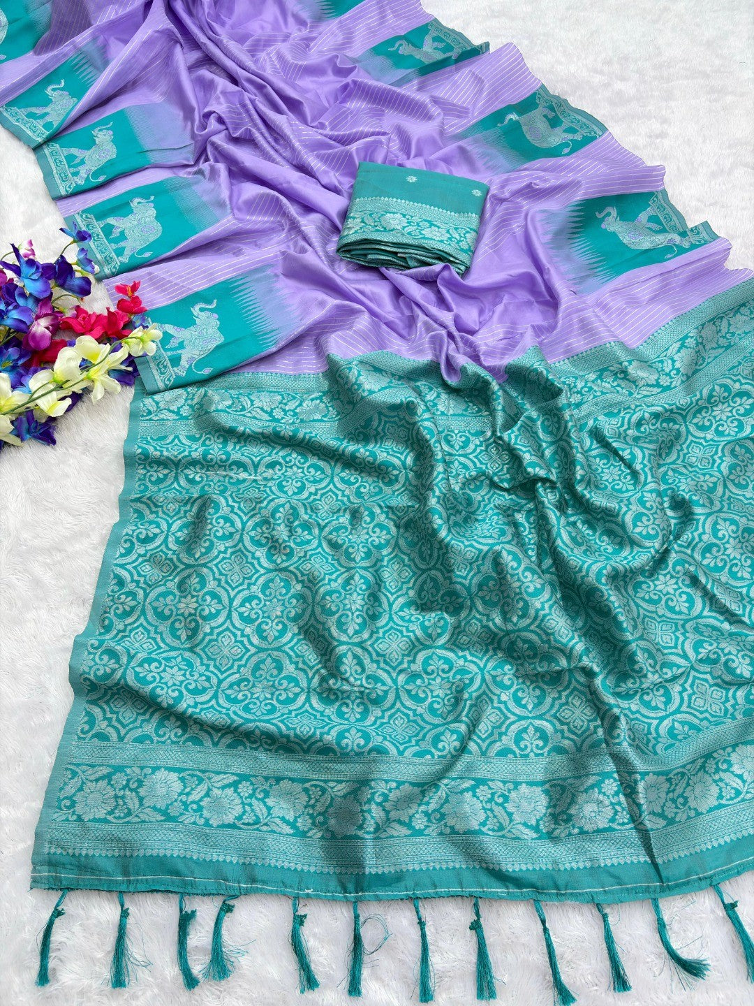 Lavender Silk Blend Saree with Elephant Motif Border and Detailed Border Weaving - Image 1