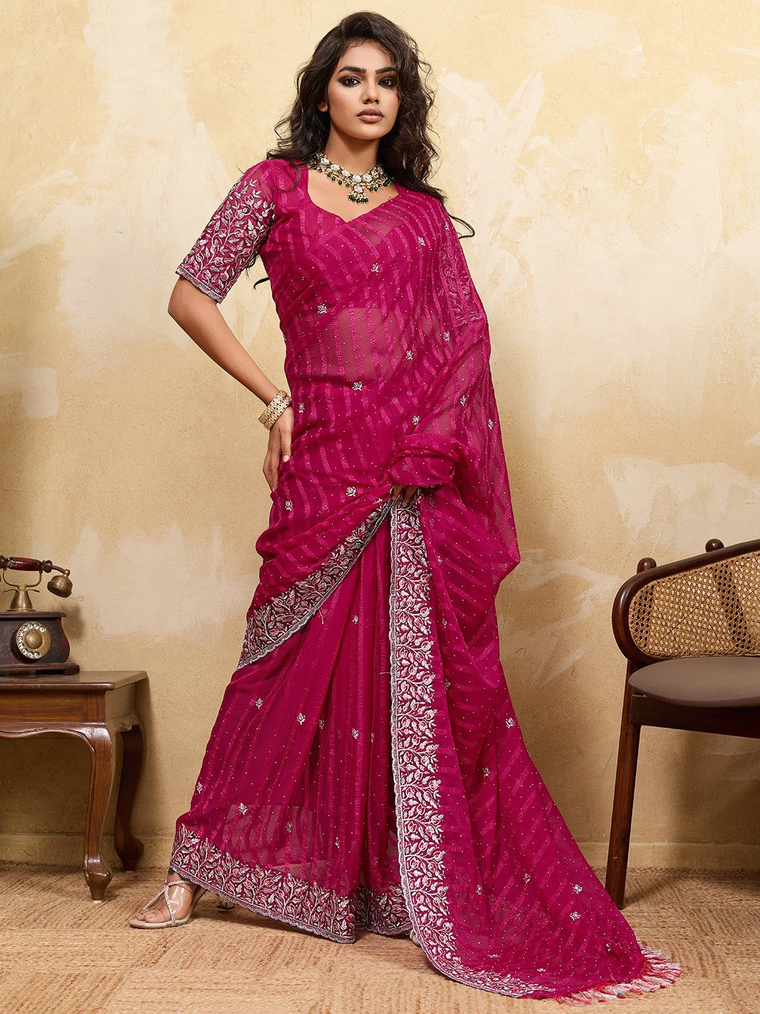 Elegant Pink Chiffon Saree Adorned With Floral Embroidery & Shimmering Swarovski Work - Image 1