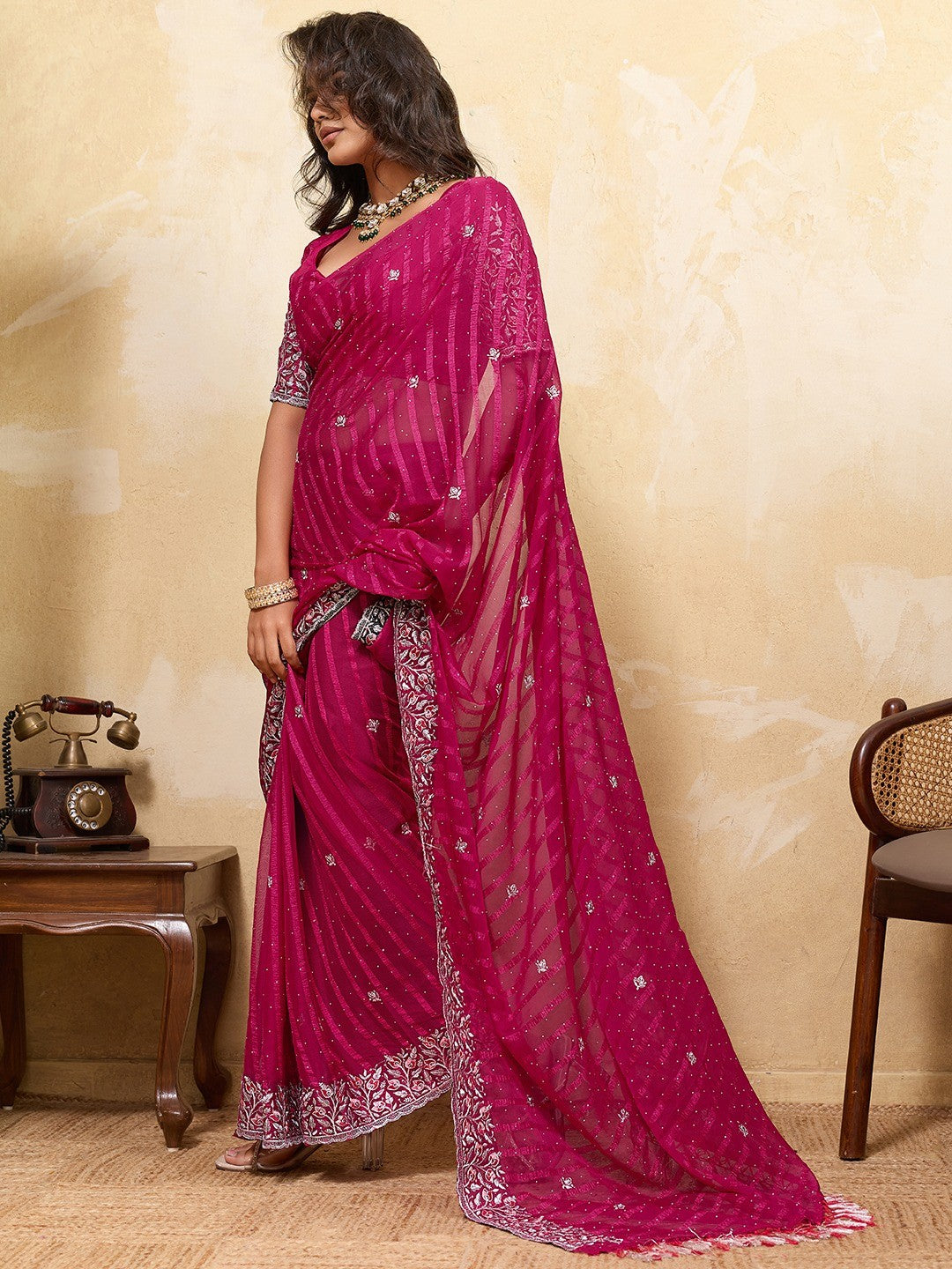 Elegant Pink Chiffon Saree Adorned With Floral Embroidery & Shimmering Swarovski Work - Image 2